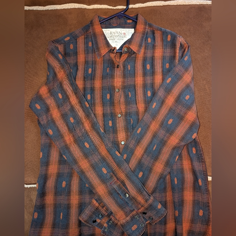 Women's Western Plaid Snap Down Shirt - Orange and Blue